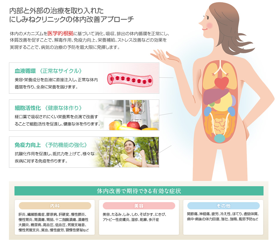 内部と外部の治療を取り入れたにしみねクリニックの体内改善アプローチ